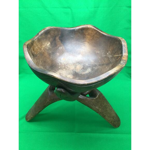 Hand Carved Wooden Serving Bowl With Matching Stand - Picture 2 of 11